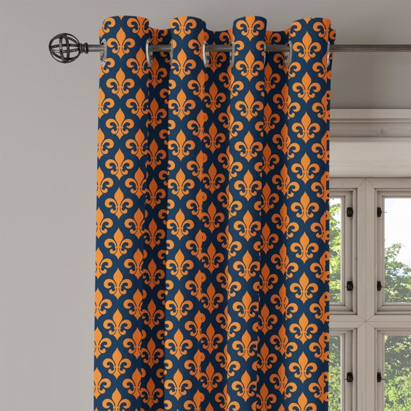 Ambesonne Fleur De Lis Grommet Curtain Single Panel, Orange Heraldic, 50"x60", Indigo Orange
