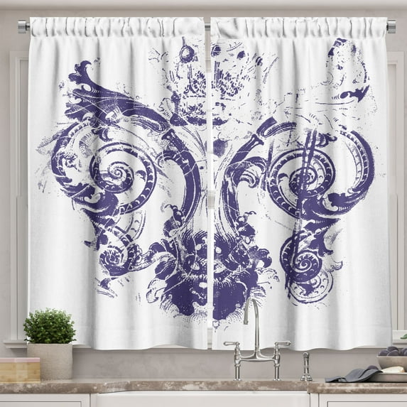 Ambesonne Fleur De Lis Kitchen Curtains, Grunge Lily Flag, 55"x45", Purple White