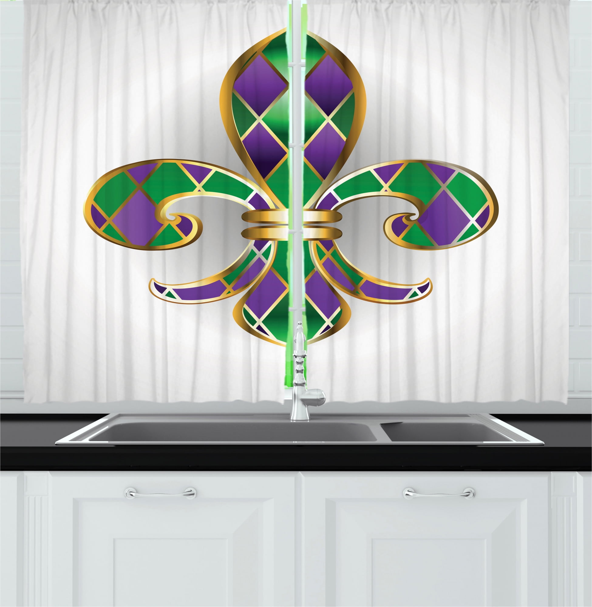 Ambesonne Fleur De Lis Kitchen Curtains, Lily Royalty, 55"x45", Purple