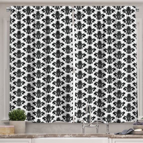 Ambesonne Fleur De Lis Kitchen Curtains, Royal Lily Pattern, 55"x39", Black White