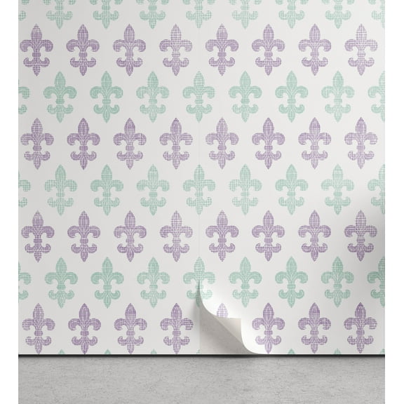 Ambesonne Fleur De Lis Peel & Stick Wallpaper for Home, Grunge Pastel Look, 13"x100", Mint Green Lilac White