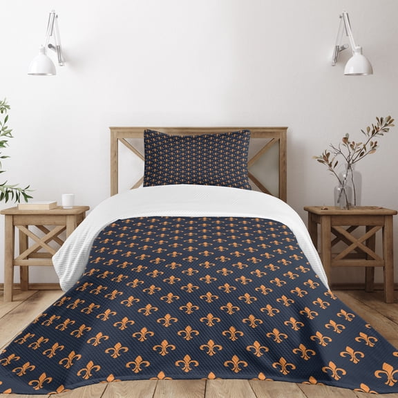 Ambesonne Fleur De Lis Quilted Bedspread Set 2 Pcs, Heraldic Design, Twin Size, Indigo Orange