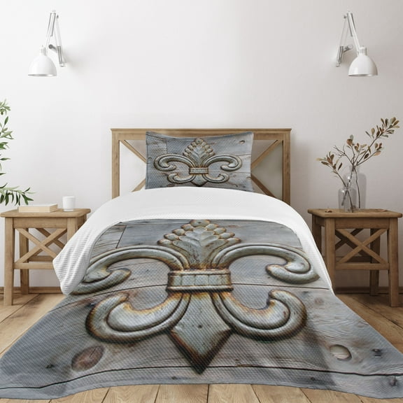Ambesonne Fleur De Lis Quilted Bedspread Set 2 Pcs, Sign Wood, Twin Size, Grey Brown