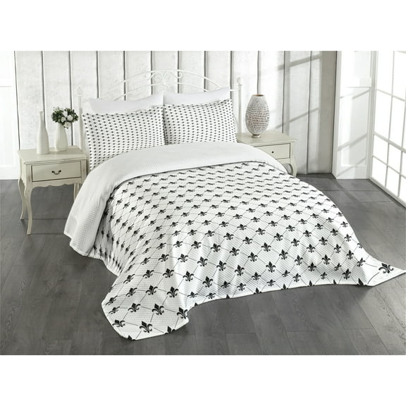 Ambesonne Fleur De Lis Quilted Bedspread Set 3 Pcs, French Damask, King Size, Black White