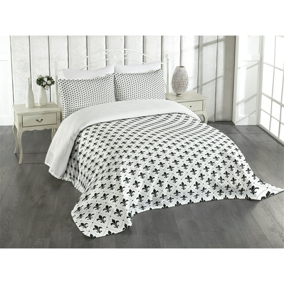 Ambesonne Fleur De Lis Quilted Bedspread Set 3 Pcs, French Motifs, King Size, Black White