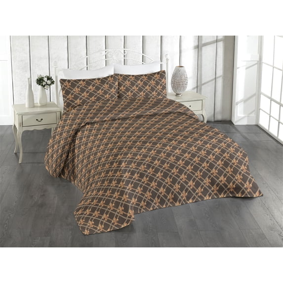Ambesonne Fleur De Lis Quilted Bedspread Set 3 Pcs, French Pattern Squares, Twin, Chocolate Marigold Tan