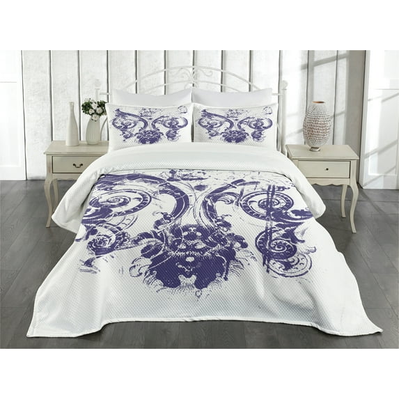 Ambesonne Fleur De Lis Quilted Bedspread Set 3 Pcs, Grunge Lily Flag, Queen Size, Purple White