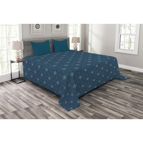 Ambesonne Fleur De Lis Quilted Bedspread Set 3 Pcs, Middle Ages Design, King Size, Dark Teal and Slate Blue