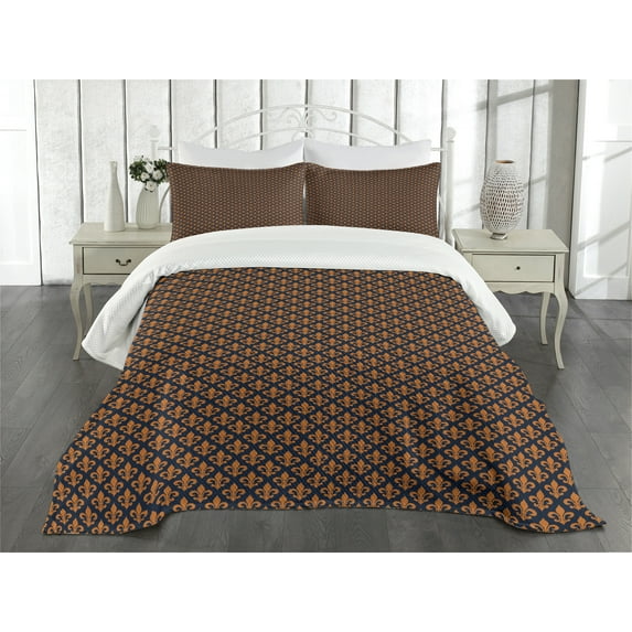 Ambesonne Fleur De Lis Quilted Bedspread Set 3 Pcs, Orange Heraldic, Queen Size, Indigo Orange
