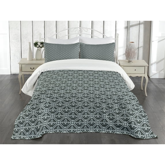 Ambesonne Fleur De Lis Quilted Bedspread Set 3 Pcs, Rectangle Motifs, King Size, Sage Green