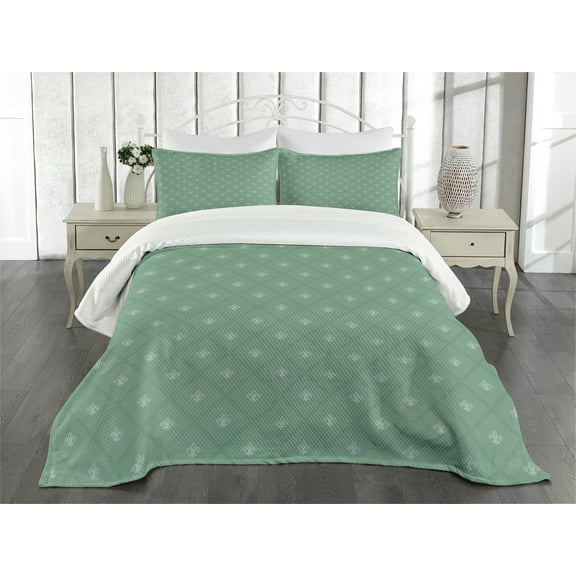 Ambesonne Fleur De Lis Quilted Bedspread Set 3 Pcs, Retro Royal Lilies, Queen Size, Reseda Green