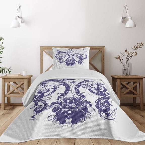 Ambesonne Fleur De Lis Quilted Coverlet 2 Pcs, Grunge Lily Flag, Twin Size, Purple White