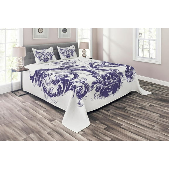 Ambesonne Fleur De Lis Quilted Coverlet 3 Pcs, Grunge Lily Flag, King Size, Purple White