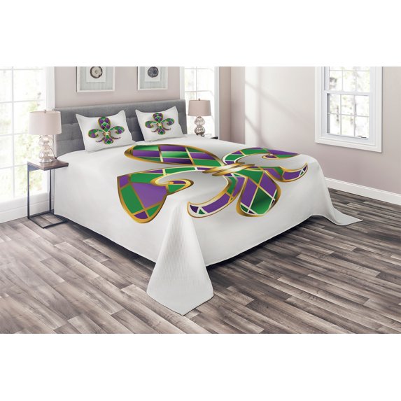 Ambesonne Fleur De Lis Quilted Coverlet 3 Pcs, Lily Royalty, King Size, Purple Green