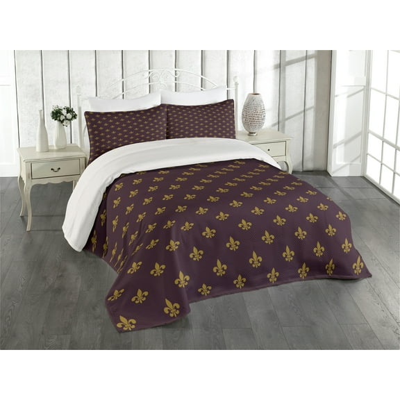 Ambesonne Fleur De Lis Quilted Coverlet 3 Pcs, Royal Pattern, King Size, Burgundy Earth Yellow