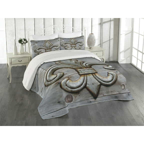 Ambesonne Fleur De Lis Quilted Coverlet 3 Pcs, Sign Wood, King Size, Grey Brown