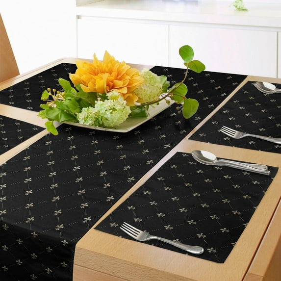 Ambesonne Fleur De Lis Table Runner & Placemats, Classical Deco Royal, Placemat 4 pcs + Runner 14"x72", Charcoal Grey and Beige