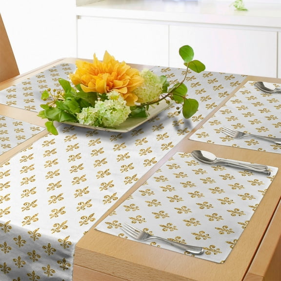 Ambesonne Fleur De Lis Table Runner & Placemats, French Floral Classic, Placemat 4 pcs + Runner 16"x90", Dark Yellow and White