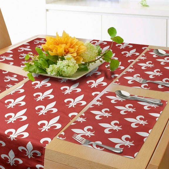 Ambesonne Fleur De Lis Table Runner & Placemats, Heraldry, Placemat 4 pcs + Runner 16"x72", Red White