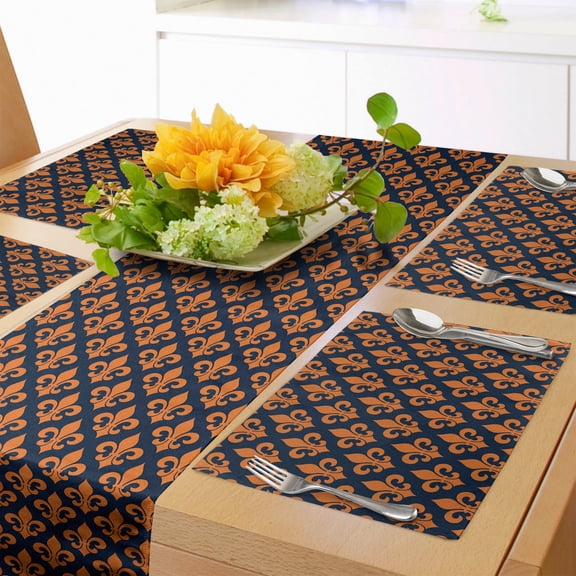 Ambesonne Fleur De Lis Table Runner & Placemats, Orange Heraldic, Placemat 4 pcs + Runner 16"x90", Indigo Orange