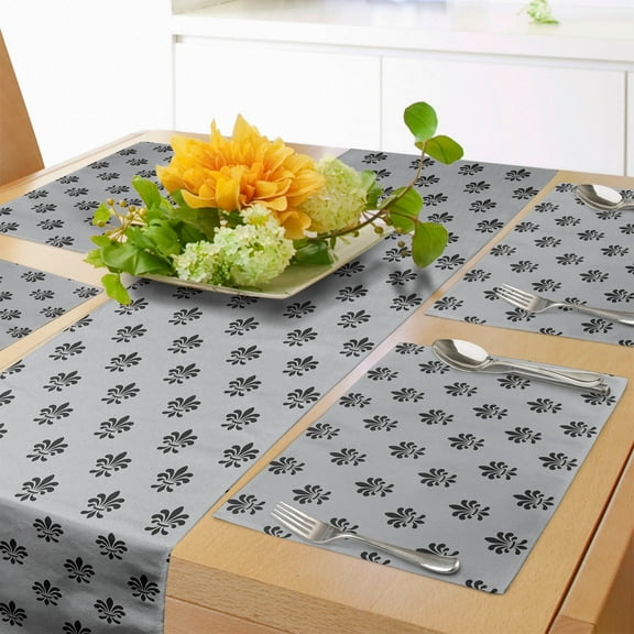 Ambesonne Fleur De Lis Table Runner & Placemats, Vintage French Emblem, Placemat 4 pcs + Runner 12"x72", Grey and Charcoal Grey