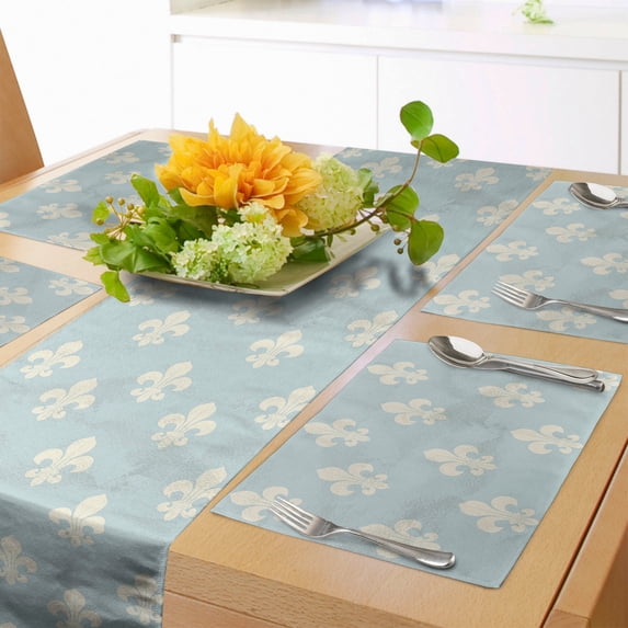 Ambesonne Fleur De Lis Table Runner & Placemats, Vintage Grungy Pattern, Placemat 4 pcs + Runner 14"x72", Pale Blue and Cream