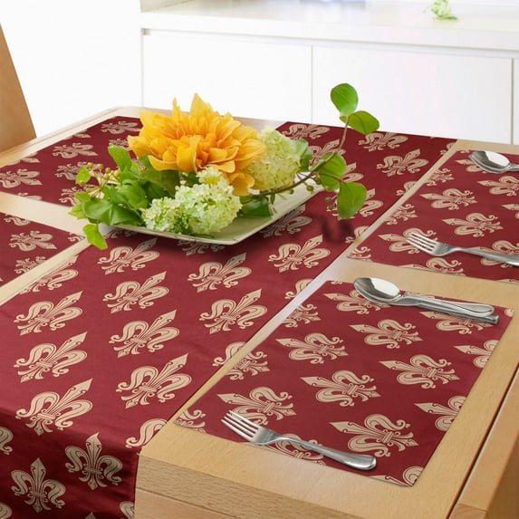 Ambesonne Fleur De Lis Table Runner & Placemats, Vintage Swirling Deco, Placemat 4 pcs + Runner 12"x72", Peach and Vermilion