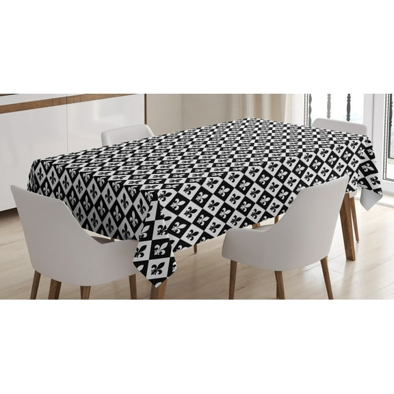 Ambesonne Fleur De Lis Tablecloth Rectangular Table Cover, Checkerboard Logo, 60"x84", Black White
