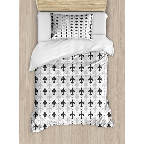 Ambesonne Fleur de Lis Duvet Cover Sets, Symbols in Greyscale, 2-Twin, White and Dark Grey