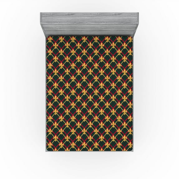 Ambesonne Fleur de Lis Fitted Sheet, Checkered Plaid Print, California King, Hunter Green Marigold
