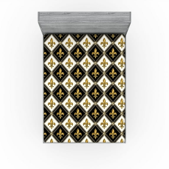 Ambesonne Fleur de Lis Fitted Sheet, Medieval Leaf Motif, California King, Black White Dark Mustard