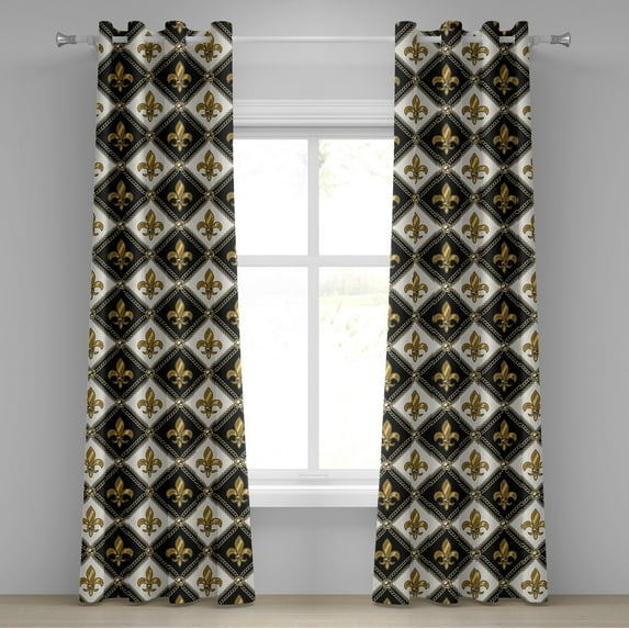 Ambesonne Fleur de Lis Grommet Curtain, Medieval Leaf Motif, 50"x84", Black White Dark Mustard