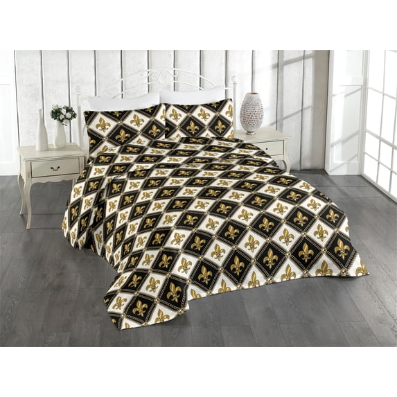 Ambesonne Fleur de Lis Quilted Bedspread Set 3 Pcs, Medieval Leaf Motif, Twin, Black White Dark Mustard