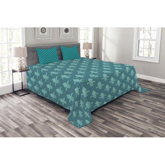 Ambesonne Fleur de Lis Quilted Bedspread Set 3 Pcs, Retro Damask Pattern, Queen Size, Teal