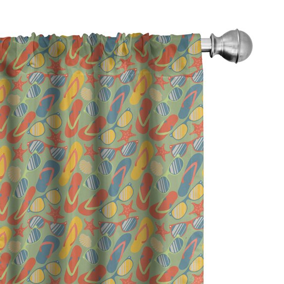 Ambesonne Flip Flop Window Curtains, Starfishes Seashells, Each 28" W x 84" L, Green Vermilion