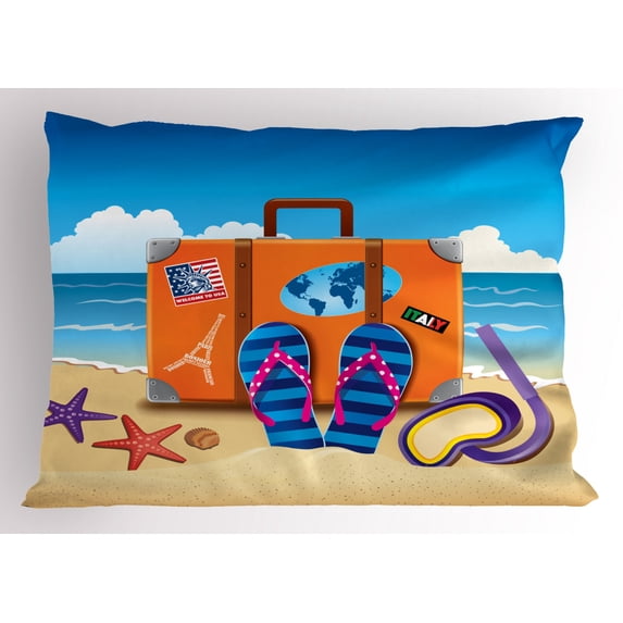 Ambesonne Flip Flop Pillow Sham, 3D Travel Suitcase, 26" X 20", Multicolor