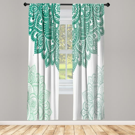 Ambesonne Flora Curtains, South Mandala Design Print, Pair of 28"x63", Jade Green