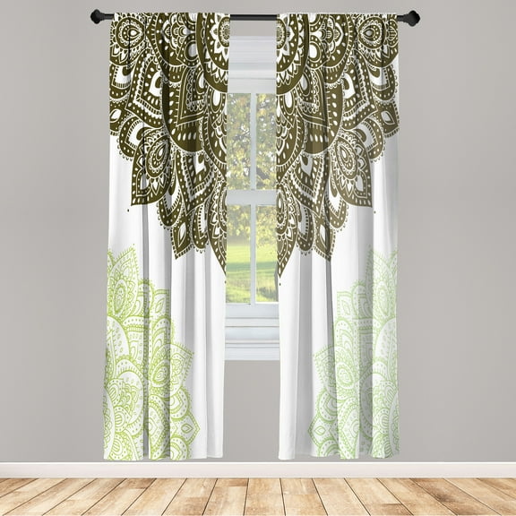 Ambesonne Flora Curtains, South Mandala Design Print, Pair of 28"x95", Green Brown