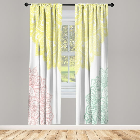 Ambesonne Flora Curtains, South Mandala Design Print, Pair of 28"x95", Pale Yellow