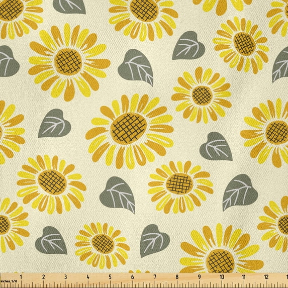 Ambesonne Flora Fabric by the Yard Microfiber, Digital Sunflower With Leaves, 5 Yards, Cream Slate Brown and Orange