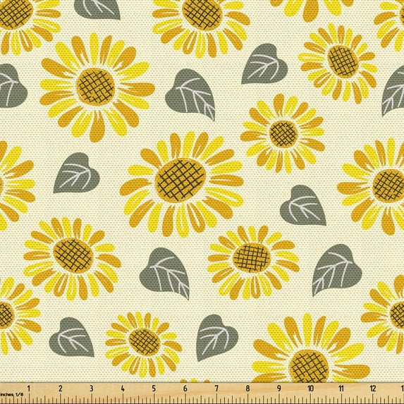 Ambesonne Flora Fabric by the Yard Upholstery, Digital Sunflower With Leaves, 1 Yard, Cream Slate Brown and Orange