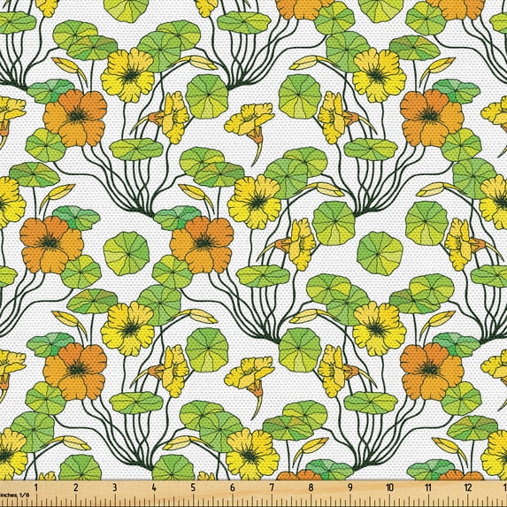 Ambesonne Flora Fabric by the Yard Upholstery, Forest Flower Illustration, 3 Yards, Lime Green White Marigold