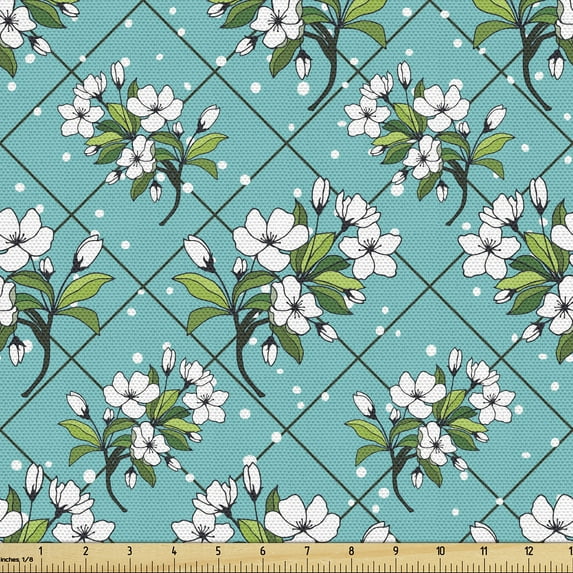 Ambesonne Flora Fabric by the Yard Upholstery, Nature Vibe Flower Sketch Art, 1 Yard, White and Fern Green