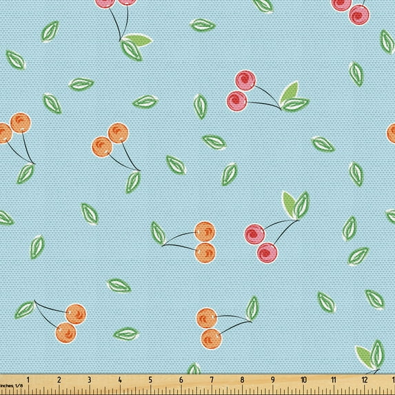 Ambesonne Flora Fabric by the Yard Upholstery, Simplified Cherries Leaves, 2 Yards, Pale Blue and Dark Coral