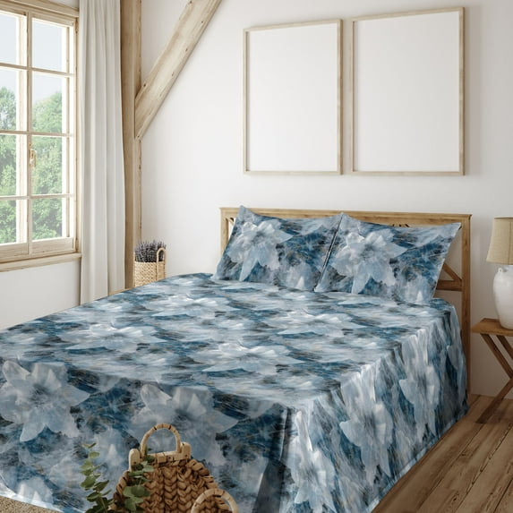 Ambesonne Flora Fitted & Flat Sheet with Sham 3 Pcs Set, Grungy Print of Gentle Flower, Twin, Pale Grey Dark Night Blue