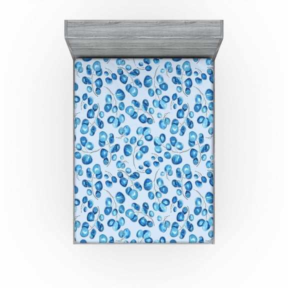 Ambesonne Flora Fitted Sheet, Oceanic Leafy Branches Print, Full Size, Azure Blue