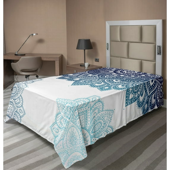 Ambesonne Flora Flat Sheet, Vibrant Colored Mandala, Twin Size, Pale Blue Dark Blue