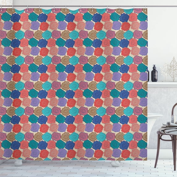 Ambesonne Flora Shower Curtain, Digital Drawn Rose Pattern, 69"Wx75"L, Pale Mustard Teal Salmon