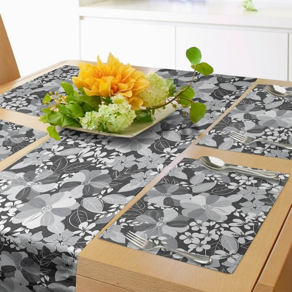 Ambesonne Flora Table Runner & Placemats, Greyscale Bloom Motifs, Placemat 4 pcs + Runner 16"x72", Charcoal Grey Pale Grey