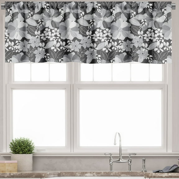 Ambesonne Flora Window Valance, Greyscale Bloom Motifs, 54" X 18", Charcoal Grey Pale Grey